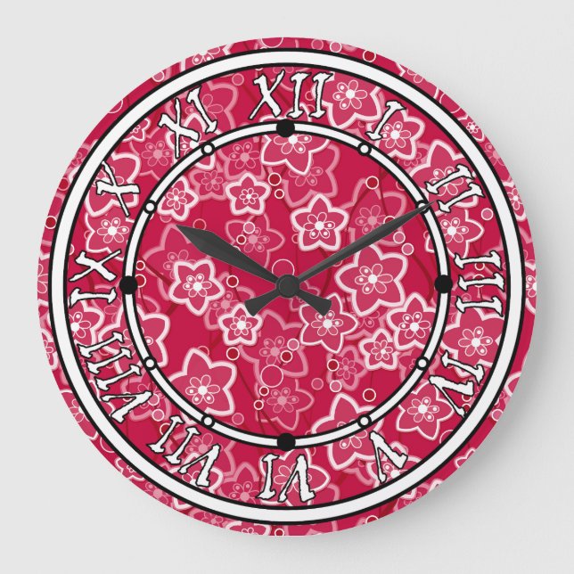 red white floral rustic fashion pattern retro large clock (Front)