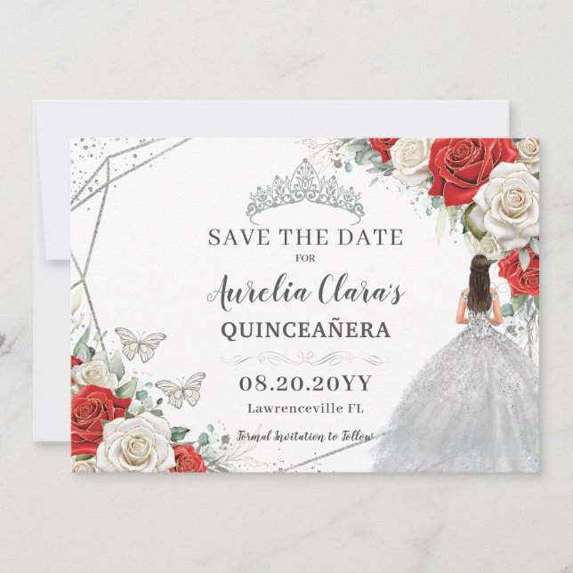 Red White Floral Silver Dress Quinceanera Sweet 16 Save The Date (Front)