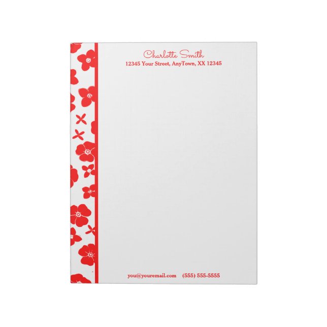 Red & White Flower Border Personalized Letterhead Notepad (Rotated)