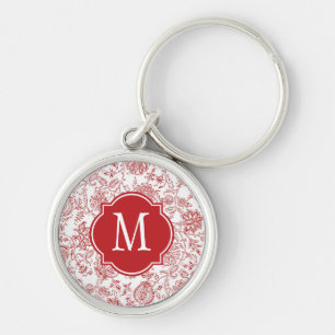 Red & White Flower Pattern Monogram Keychain