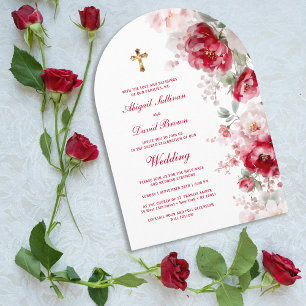 Red White Flowers Arch Religious Wedding Invitation
