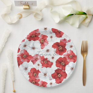 Red White Flowers Bridal Shower Wedding Paper Plate