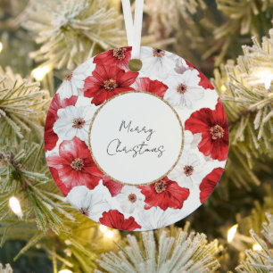 Red White Flowers Christmas Metal Ornament