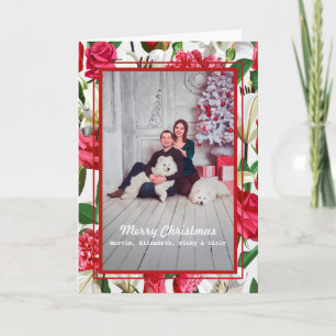 Red White Flowers Family Photo Merry Christmas Card