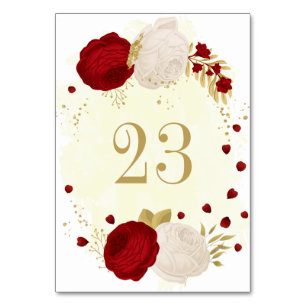 red & white flowers gold botanical wedding  table number