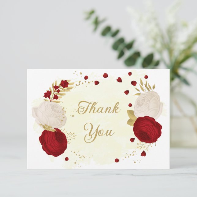 red & white flowers gold botanical wedding thank you card (Standing Front)