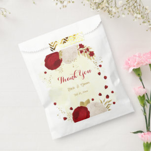 red & white flowers gold favour bag