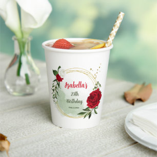 Red & white flowers greenery botanical wedding paper cups