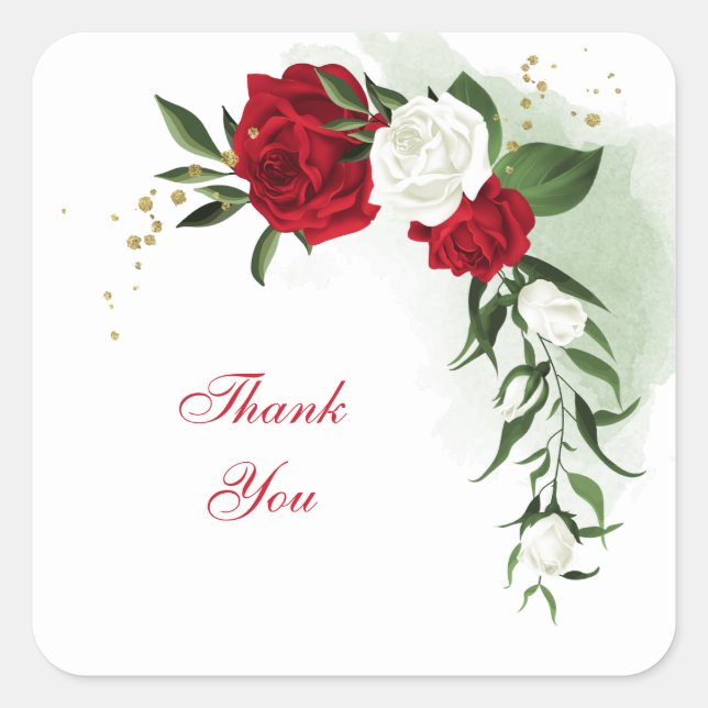 Red & white flowers greenery square sticker (Front)