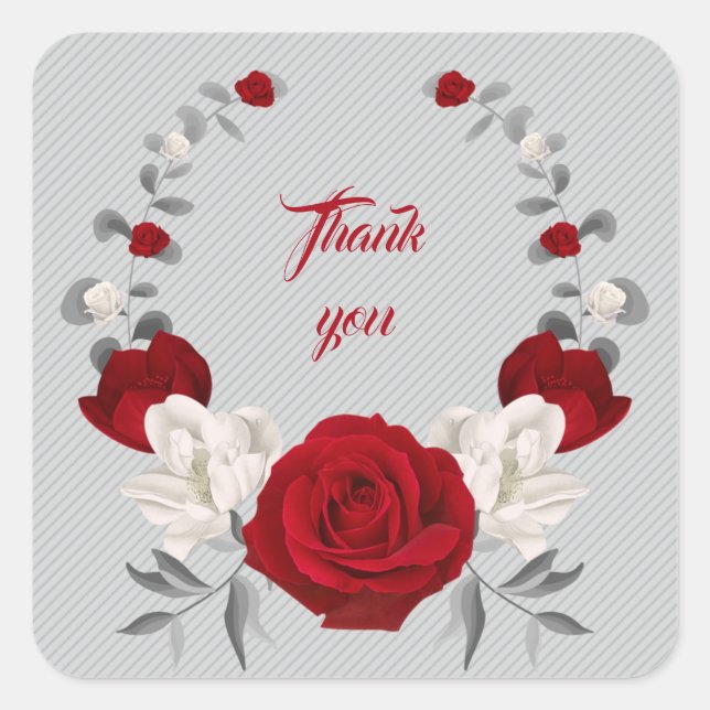 red & white flowers grey leaves wreath thank you square sticker (Front)