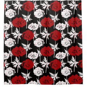 Red, white flowers on black.