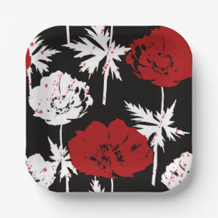 Red, white flowers on black. paper plate