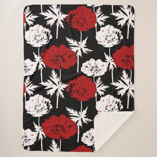 Red, white flowers on black . sherpa blanket (Front)