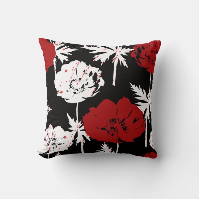 Red, white flowers on black . throw pillow (Front)