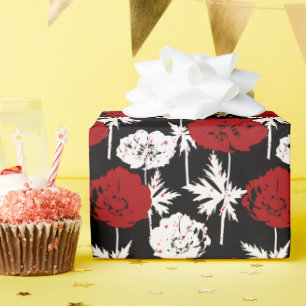 Red, white flowers on black  wrapping paper