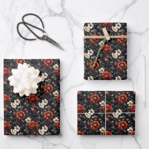 Red & White Flowers on Black Wrapping Paper Sheet