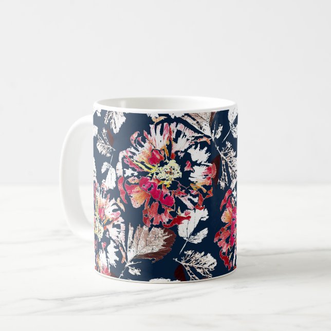 Red, white flowers on blue.  coffee mug (Front Left)