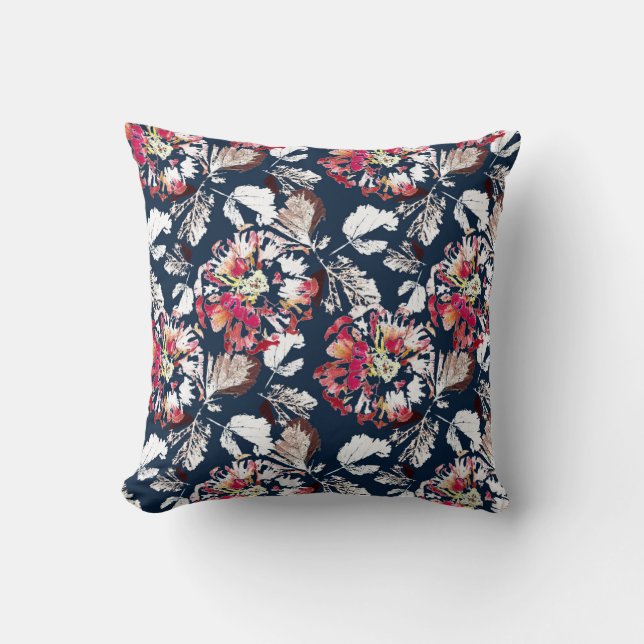 Red, white flowers on blue. throw pillow (Front)