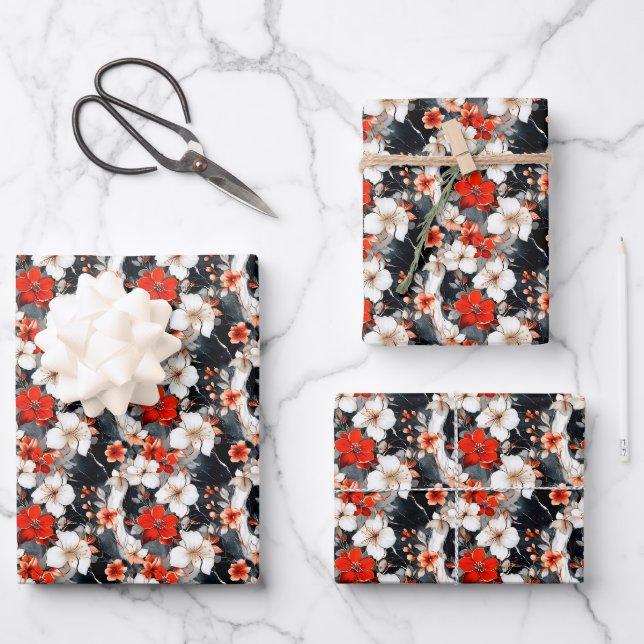 Red & White Flowers on Marble Wrapping Paper Sheet (Front)