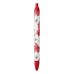 Red White Flowers Wedding Black Ink Pen