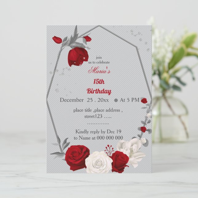 red & white flowers wreath birthday invitation (Standing Front)