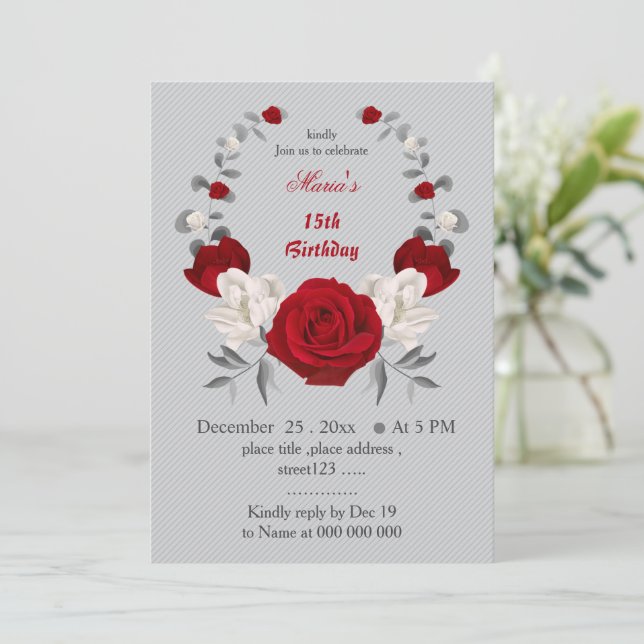 red & white flowers wreath birthday invitation (Standing Front)
