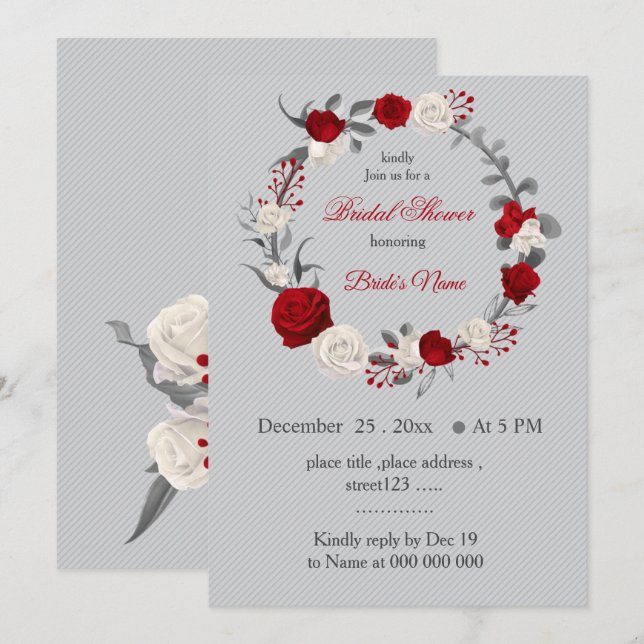 red & white flowers wreath bridal shower invitation (Front/Back)