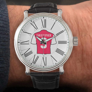 Red & White Football Shirt with Roman Numerals. Watch
