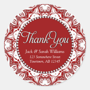Red & White Fractal Lace Thank You Classic Round Sticker