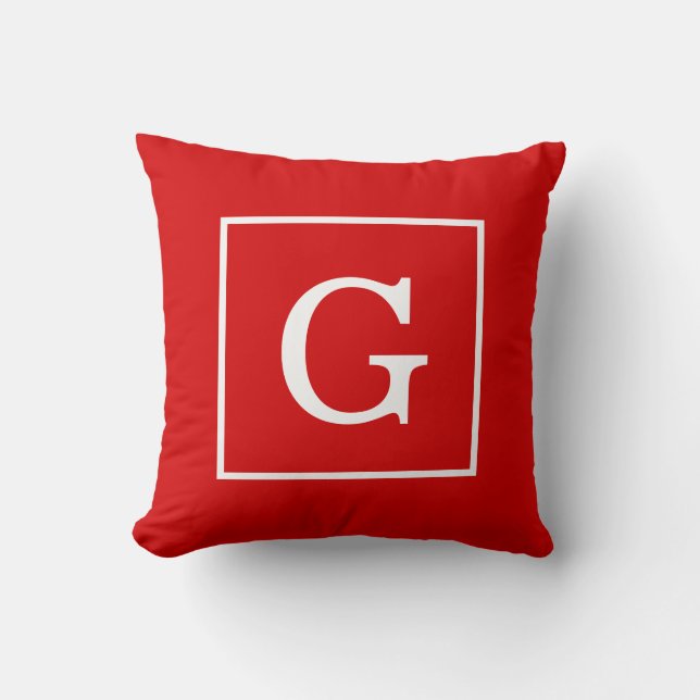 Red White Framed Initial Monogram Throw Pillow (Front)