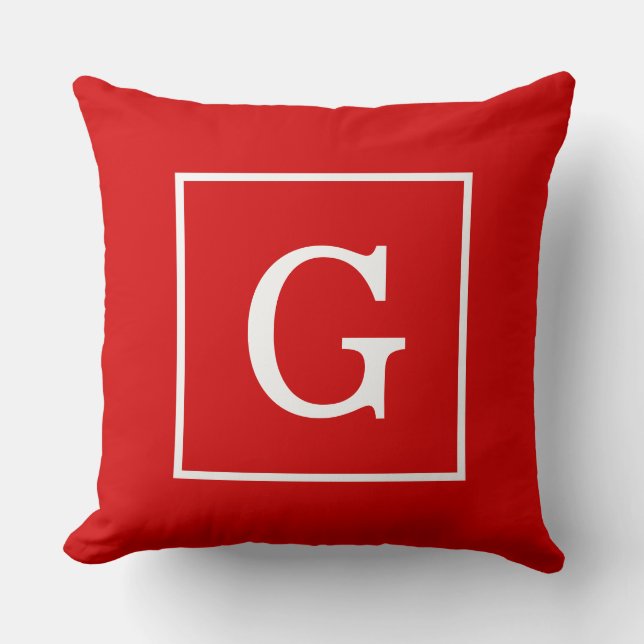 Red White Framed Initial Monogram Throw Pillow (Front)
