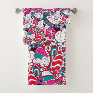 Red White Fuchsia Pink Blue Green Abstract Pattern Bath Towel Set