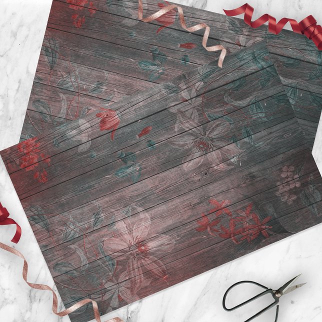 Red White Garden Flowers On Rustic Wood Tissue Paper (Creator Uploaded)
