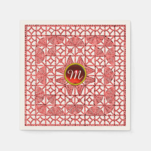 RED WHITE GEOMETRIC LACE GEM STONE MONOGRAM NAPKIN