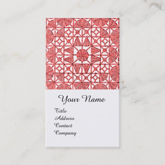 RED WHITE GEOMETRIC LACE RUBY GEMSTONE MONOGRAM BUSINESS CARD (Front)