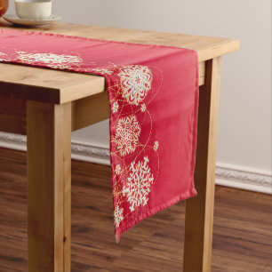 Red White Geometric Snowflake Christmas Short Table Runner