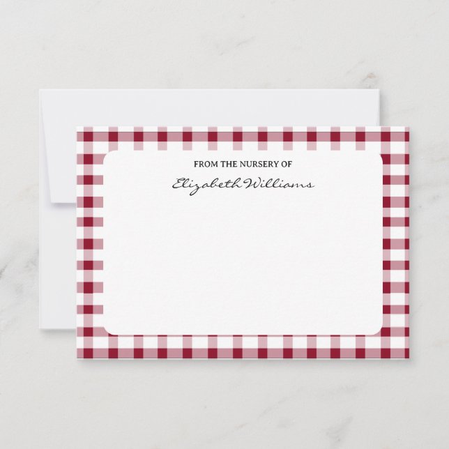 Red & White Gingham Border Personalized Note Card (Front)