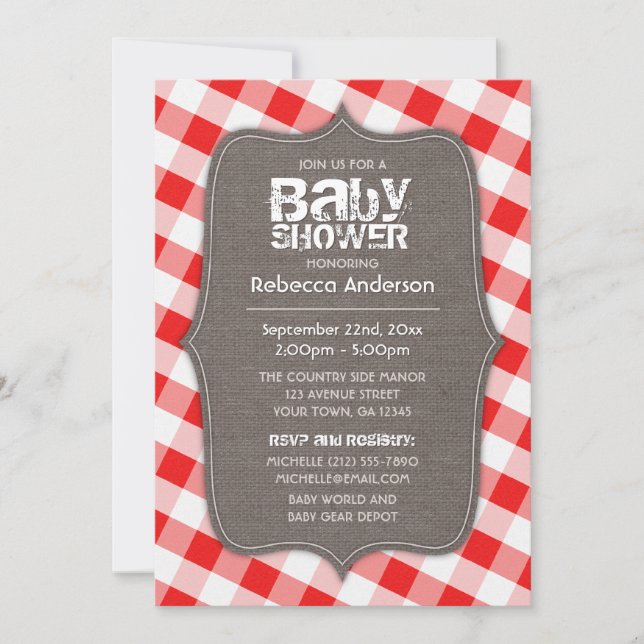 Red & White Gingham Canvas Baby Shower Invitations (Front)