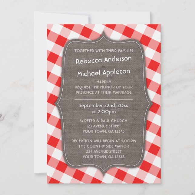 Red & White Gingham Canvas Wedding Invitations (Front)