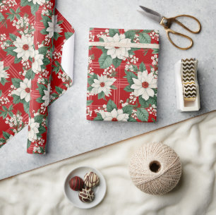 Red White Gingham Check Floral Poinsettia Pattern  Wrapping Paper