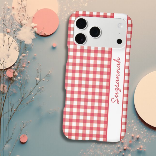 Red White Gingham Check Personalized (Gingham design iPhone 17 template case)