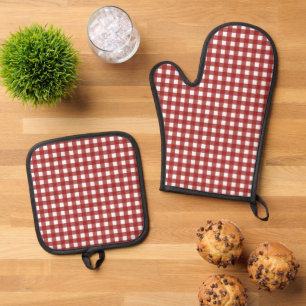 Red White Gingham Check Plaid Oven Mitt & Pot Holder Set