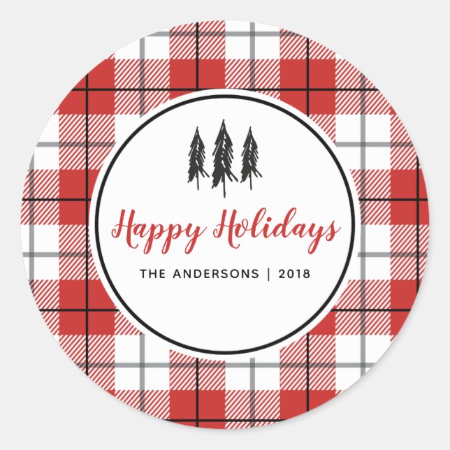 Red & White Gingham Flannel Christmas Tree Classic Round Sticker (Front)