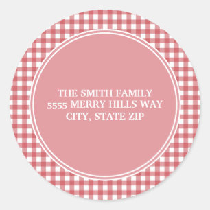 Red White Gingham Pink Return Address Classic Round Sticker