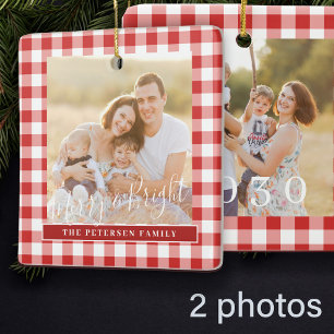 Red white gingham plaid 2 photo family Christmas Ceramic Ornament