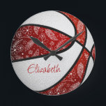 red white girls boho feathers paislies basketball round clock<br><div class="desc">This cute basketball wall clock features the realistic image of a basketball that has alternating red and white recolored panels with delicate doodle flowers,  feathers and paislies patterned on the basketball's red panels - personalize with the athlete's name for her basketball room - by katz_d_zynes</div>