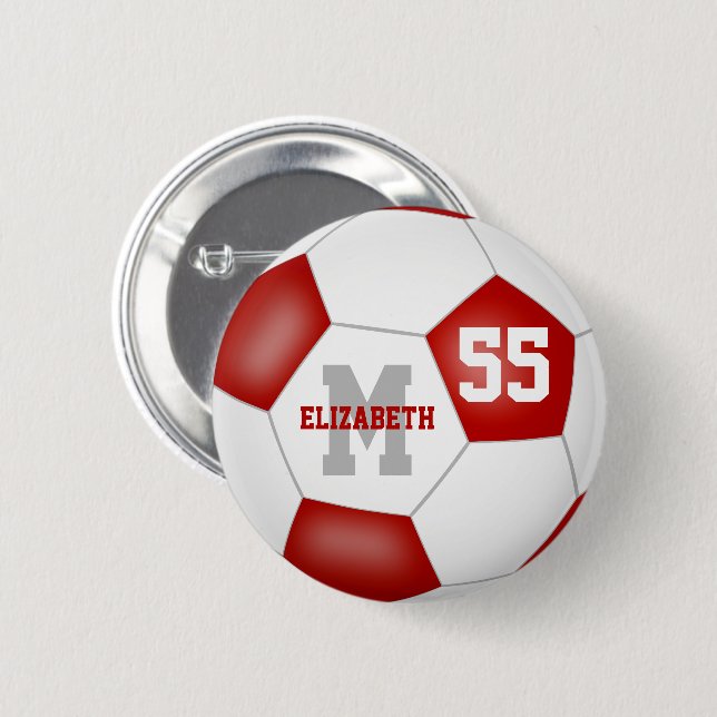 red white girls soccer personalized 2 inch round button (Front & Back)