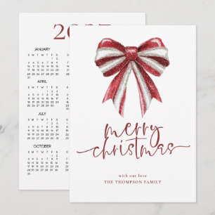 Red White Glitter Bow 2027 Calendar Christmas Holiday Card