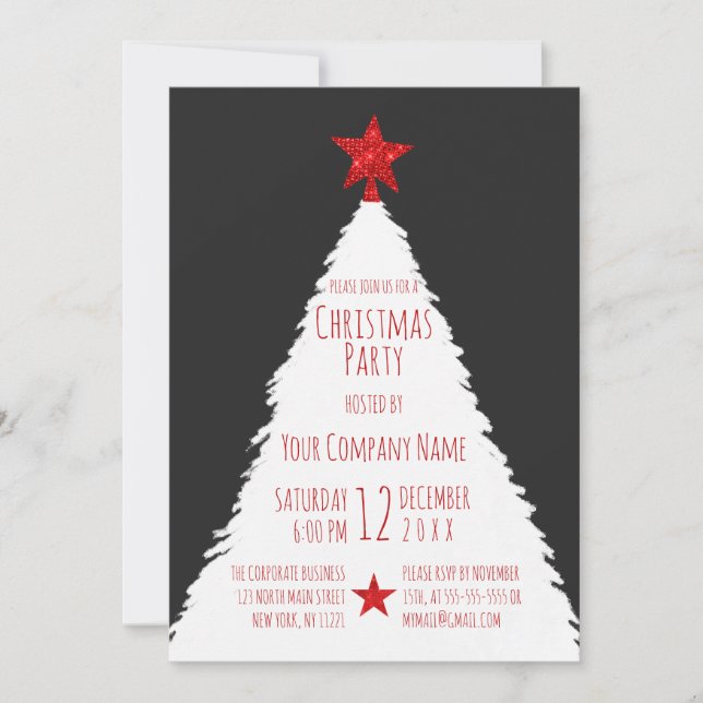 Red White Glitter Star Tree Corporate Christmas Invitation (Front)