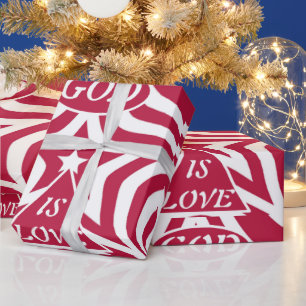 Red & White God Is Love - Christmas Scripture Star Wrapping Paper